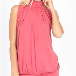 Zenana Premium Cotton High Neck Top Rose Pink
